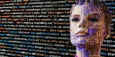 Codes and circuits drawn over a woman's face representing artificial intelligence.