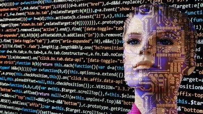Codes and circuits drawn over a woman's face representing artificial intelligence.