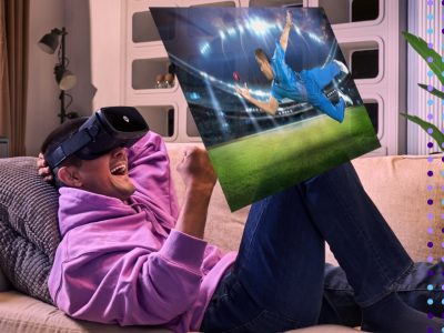 A man wearing JioDive VR Headsets enjoys a cricket match on his couch