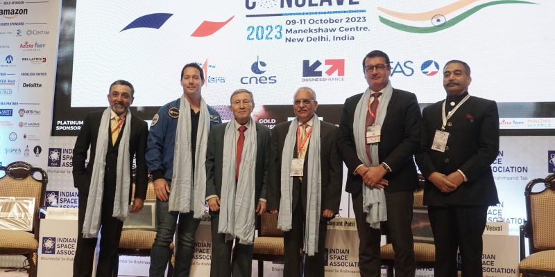 Pic 1: India and France Space join hands for deeper space collaboration; (From left to right) Chirag Doshi, MD & CEO, Walchandnagar Industries; Astronaut Thomas Pesquet, European Space Agency; Governor Shekhar Dutt, SM (Retd), Former Governor of Chhattisgarh, Defence Secretary and Deputy National Security Advisor; Jayant Patil, Chairman, ISpA; Stéphane Vesval, SVP Sales and Marketing, Airbus Defence and Space; Lt. Gen. AK Bhatt (retd.), DG, ISpA