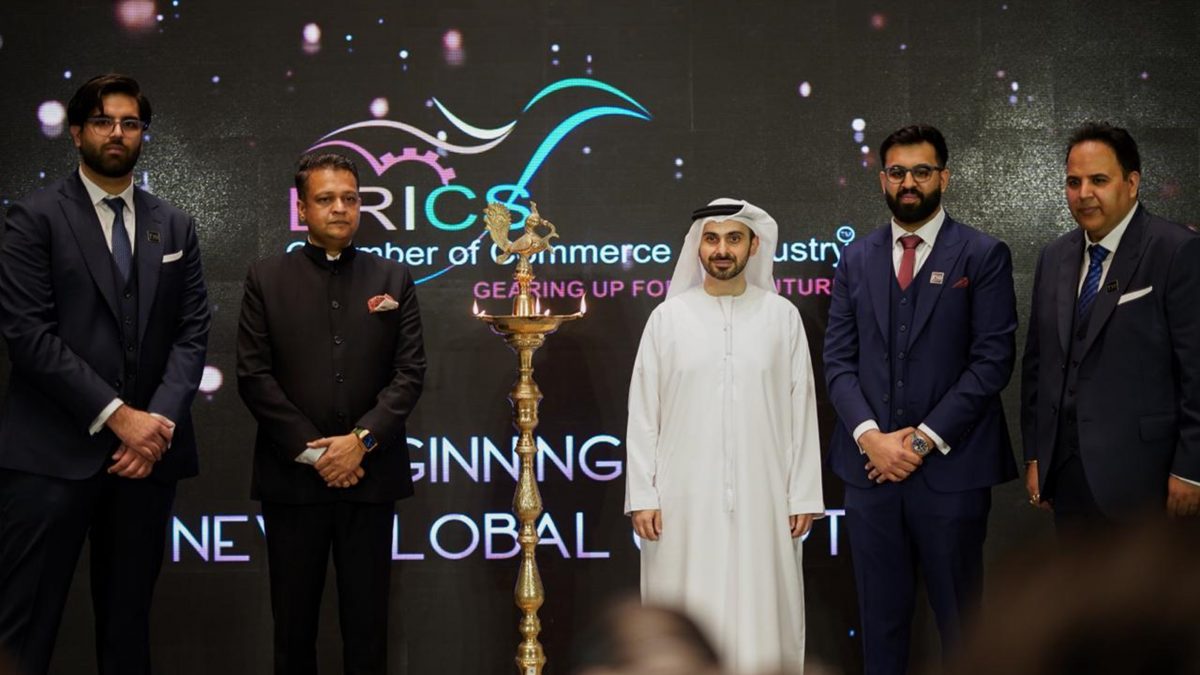 From left to Right: Mr. Ayush Virmani, CEO, TVG Migration; Mr. Sameep Shastri, Vice Chairman, BRICS CCI; Mr. Abdulla Al Hashmi, Chief Operating Officer – Parks & Zones, DP World GCC; Mr. Ansh Virmani, Country Director BRICS Chamber of Commerce and Industry UAE Chapter | CEO, TVG Realtors; Mr. Aman Virmani, CEO, TVG Management Consultancy