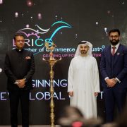 From left to Right: Mr. Ayush Virmani, CEO, TVG Migration; Mr. Sameep Shastri, Vice Chairman, BRICS CCI; Mr. Abdulla Al Hashmi, Chief Operating Officer – Parks & Zones, DP World GCC; Mr. Ansh Virmani, Country Director BRICS Chamber of Commerce and Industry UAE Chapter | CEO, TVG Realtors; Mr. Aman Virmani, CEO, TVG Management Consultancy