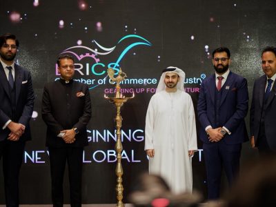 From left to Right: Mr. Ayush Virmani, CEO, TVG Migration; Mr. Sameep Shastri, Vice Chairman, BRICS CCI; Mr. Abdulla Al Hashmi, Chief Operating Officer – Parks & Zones, DP World GCC; Mr. Ansh Virmani, Country Director BRICS Chamber of Commerce and Industry UAE Chapter | CEO, TVG Realtors; Mr. Aman Virmani, CEO, TVG Management Consultancy