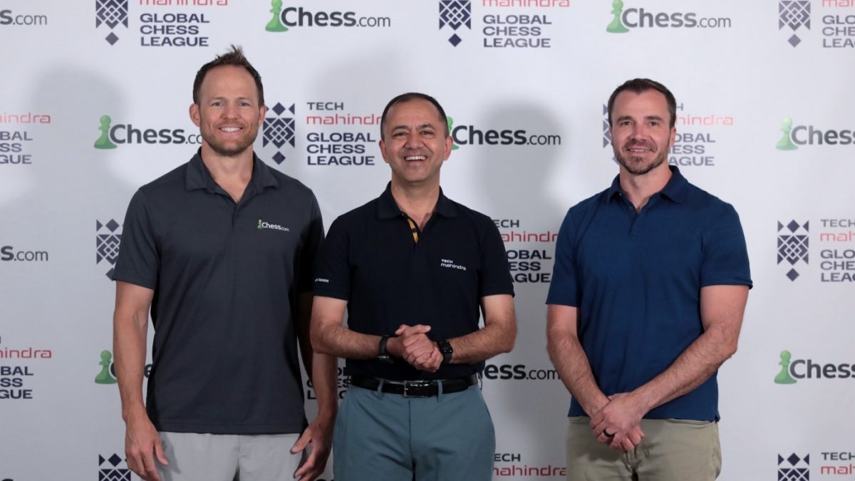 Erik Allebest, CEO, Chess.com (Left) and Danny Rensch, Chief Chess Officer, Chess.com (Right) with Peeyush Dubey, Chairperson, Tech Mahindra Global Chess League (Center) meeting at the HQ of Chess.com Salt Lake City, UT
