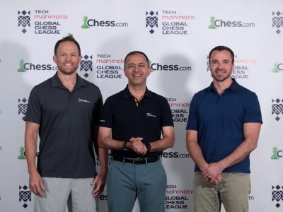 Erik Allebest, CEO, Chess.com (Left) and Danny Rensch, Chief Chess Officer, Chess.com (Right) with Peeyush Dubey, Chairperson, Tech Mahindra Global Chess League (Center) meeting at the HQ of Chess.com Salt Lake City, UT