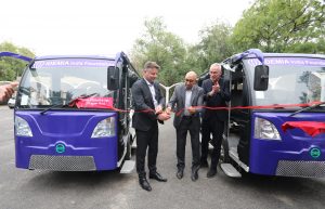 (Left to Right): Philippe Oliva, CEO of IDEMIA Secure Transactions, Bipin Menon, Development Commissioner, NSEZ, and  Matthew Foxton, India Regional President & Executive Vice-President, Branding & Communications, IDEMIA Group, at the inauguration of electric golf carts in Noida Special Economic Zone (NSEZ)