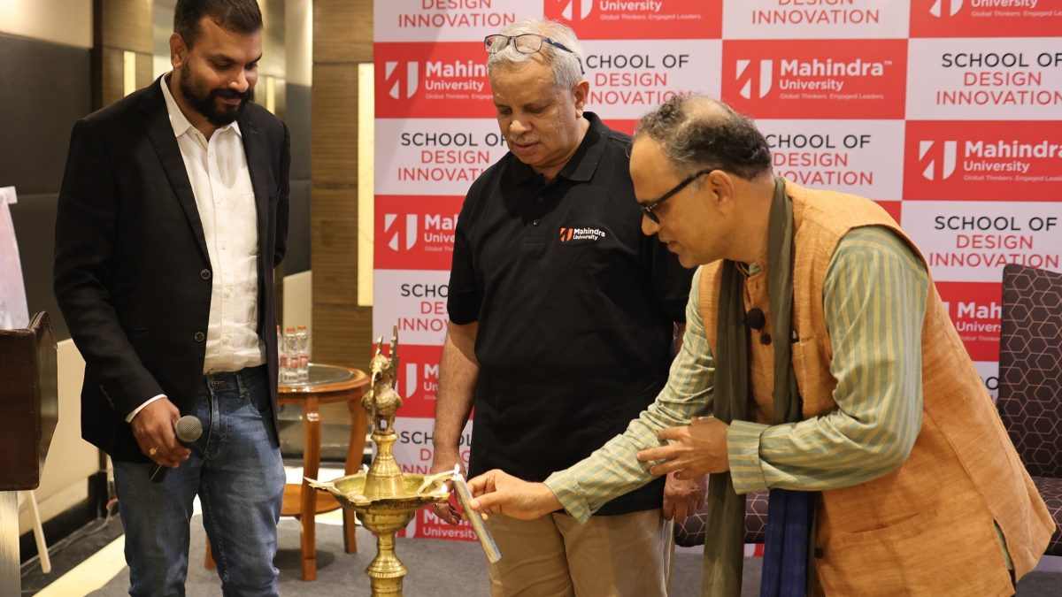 Prof. B. K. Chakravarthy, Founding Dean, School of Design Innovation lighting the lamp at the launch of School of Design Innovation, Mahindra University along with Dr. Yajulu Medury, Vice Chancellor, Mahindra University and Rakesh Sreedharan, Head Admissions , Mahindra University