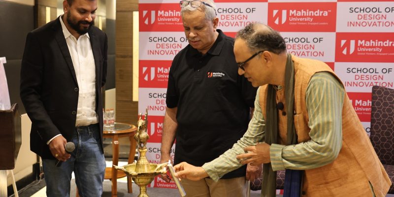 Prof. B. K. Chakravarthy, Founding Dean, School of Design Innovation lighting the lamp at the launch of School of Design Innovation, Mahindra University along with Dr. Yajulu Medury, Vice Chancellor, Mahindra University and Rakesh Sreedharan, Head Admissions , Mahindra University