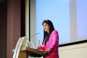 Christina Abraham, Head of Digital for Corporate and Analytics at Airbus India addressing the Fourth International Conference on Emerging Techniques in Computational Intelligence (ICETCI 2024) at Mahindra University in Hyderabad