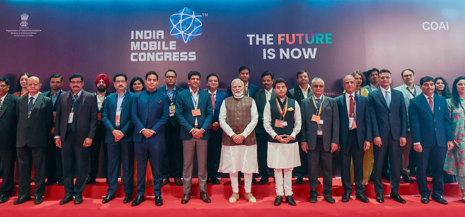 PM in a group photograph during the inauguration of ITU World Telecommunication Standardization Assembly and India Mobile Congress at Bharat Mandapam, in New Delhi on October 15, 2024.