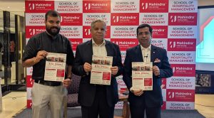 (From left to right) Rakesh Sreedharan, Head Outreach and Admissions, Mahindra University, Dr. Yajulu Medury, Vice Chancellor, Mahindra University and Chef K. Thirugnanasambantham, Dean, School of Hospitality Management, Mahindra University holding brochures at the launch of School of Hospitality Management.