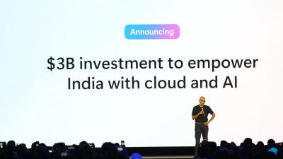 Microsoft chairman and CEO, Satya Nadella, on stage at the Microsoft AI Tour in Bengaluru where he announced US $3 billion investment in India for cloud and AI infrastructure over the next two years.