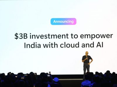 Microsoft chairman and CEO, Satya Nadella, on stage at the Microsoft AI Tour in Bengaluru where he announced US $3 billion investment in India for cloud and AI infrastructure over the next two years.