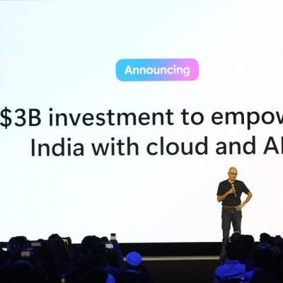 Microsoft chairman and CEO, Satya Nadella, on stage at the Microsoft AI Tour in Bengaluru where he announced US $3 billion investment in India for cloud and AI infrastructure over the next two years.