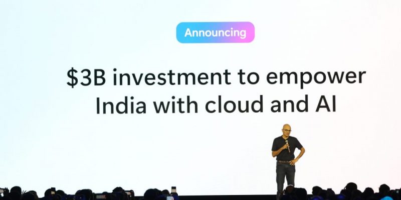 Microsoft chairman and CEO, Satya Nadella, on stage at the Microsoft AI Tour in Bengaluru where he announced US $3 billion investment in India for cloud and AI infrastructure over the next two years.