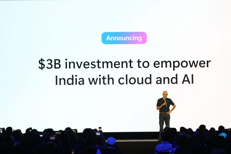 Microsoft chairman and CEO, Satya Nadella, on stage at the Microsoft AI Tour in Bengaluru where he announced US $3 billion investment in India for cloud and AI infrastructure over the next two years.