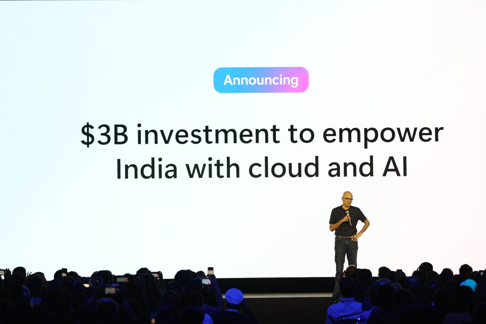 Microsoft chairman and CEO, Satya Nadella, on stage at the Microsoft AI Tour in Bengaluru where he announced US $3 billion investment in India for cloud and AI infrastructure over the next two years.