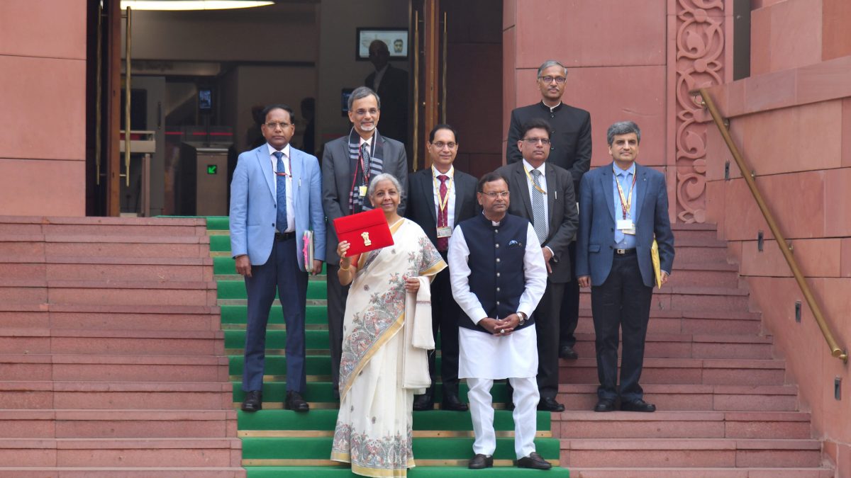 The Union Minister for Finance and Corporate Affairs, Smt. Nirmala Sitharaman along with the Ministers of State for Finance, Shri Pankaj Chaudhary as well as her Budget Team/senior officials of the Ministry of Finance arrived at the Parliament House to present the Union Budget 2025, in New Delhi on February 01, 2025.