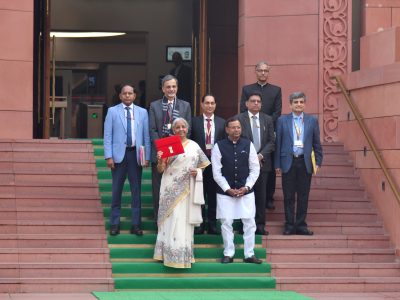 The Union Minister for Finance and Corporate Affairs, Smt. Nirmala Sitharaman along with the Ministers of State for Finance, Shri Pankaj Chaudhary as well as her Budget Team/senior officials of the Ministry of Finance arrived at the Parliament House to present the Union Budget 2025, in New Delhi on February 01, 2025.