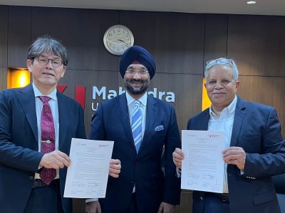 (Left to right) Dr. Kenji Wada, Vice President, Kagawa University, Harshvendra Soin, President - Asia Pacific and Japan Business, Tech Mahindra and Dr. Yajulu Medury, Vice Chancellor, Mahindra University holding a copy of the signed Memorandum of Understanding (MoU).