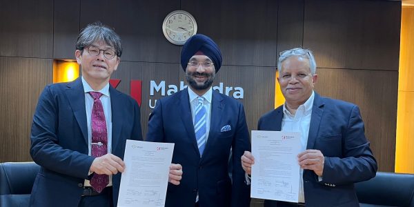 (Left to right) Dr. Kenji Wada, Vice President, Kagawa University, Harshvendra Soin, President - Asia Pacific and Japan Business, Tech Mahindra and Dr. Yajulu Medury, Vice Chancellor, Mahindra University holding a copy of the signed Memorandum of Understanding (MoU).