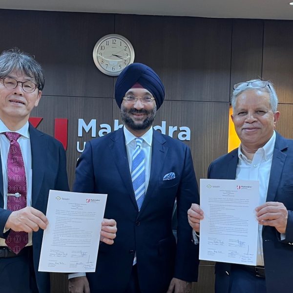 (Left to right) Dr. Kenji Wada, Vice President, Kagawa University, Harshvendra Soin, President - Asia Pacific and Japan Business, Tech Mahindra and Dr. Yajulu Medury, Vice Chancellor, Mahindra University holding a copy of the signed Memorandum of Understanding (MoU).