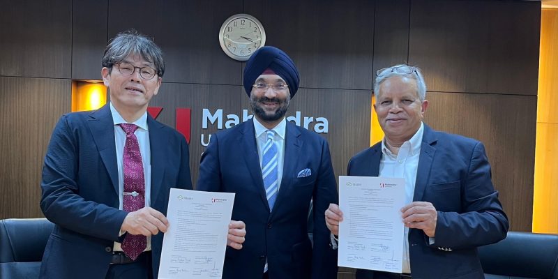 (Left to right) Dr. Kenji Wada, Vice President, Kagawa University, Harshvendra Soin, President - Asia Pacific and Japan Business, Tech Mahindra and Dr. Yajulu Medury, Vice Chancellor, Mahindra University holding a copy of the signed Memorandum of Understanding (MoU).