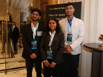 From left to right: Arunteja Jarupula of IIT Kanpur (2nd Runner Up), Bhoomi Raiyani of Nirma University (1st Runner Up), Mayank Golechha of BITS Pilani (Winner); Winners of Viasat: Space for Good India 2025 Challenge