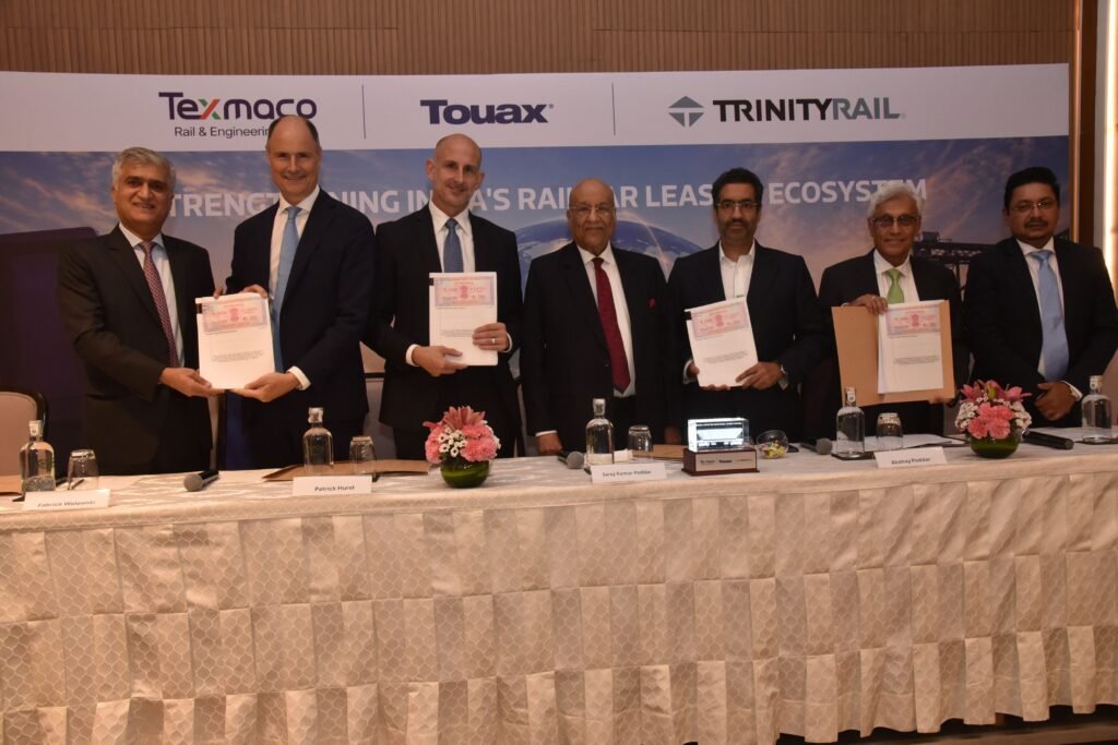 (L-R): Deepak Rao, Managing Director, Touax Texmaco Railcar Leasing, Fabrice Walewski, Managing Partner & CEO, Touax Group, Patrick Hurst, Chief Investment Officer, TrinityRail, Saroj Kumar Poddar, Chairman, Texmaco Rail & Engineering Limited and Adventz Group, Akshay Poddar, Co-Chairman, Texmaco Rail & Engineering Limited; Director, Adventz Group, Indrajit Mookerjee, Vice Chairman, Texmaco Rail & Engineering Limited; Group President, Adventz Group and Sudipta Mukherjee, Managing Director, Texmaco Rail & Engineering Limited