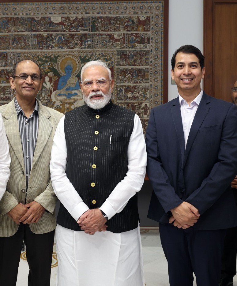 Vishwanathan K Ganapathi, Co-Founder & Director, and Krishanu Acharya, Co-Founder & CEO, Suhora Technologies meet Prime Minister Narendra Modi.